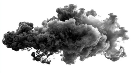 A monochrome, abstract cloud of dark gray and black ink, with swirling, fluffy textures, against a plain white background