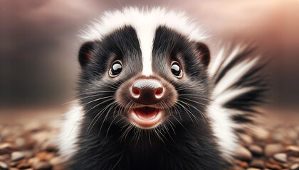 Obraz premium Adorable close-up of a smiling baby skunk with soft fur, bright eyes, and warm natural lighting. Children’s books, eco branding, packaging, posters, ads, and friendly wildlife design projects.