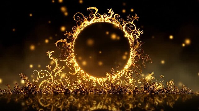 Ornate gold filigree frames a dark, glowing circle with shimmering light details