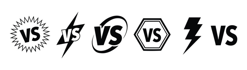 Stylized VS icon set featuring sunburst, lightning bolt, swoosh, hexagon, and bold strike designs for sports, gaming, and competition themes
