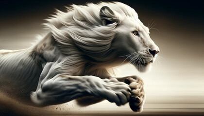 Fototapeta premium Dynamic white lion sprint in profile with dramatic motion blur. High-res 16:9 hero with copy space. Leadership, power, performance campaigns, luxury branding, posters, web headers.