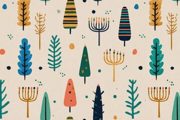 A repeating pattern of stylized trees and menorahs. Various colors and shapes. Simple, textured background