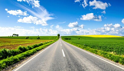 Empty road through fields under a bright sky