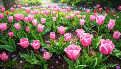 Vibrant pink tulips in a garden bed