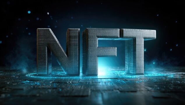 NFT acronym, dark futuristic scene, illuminated