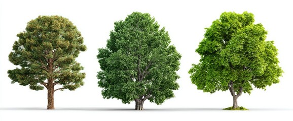 Three full trees of varying shades of green against a white background