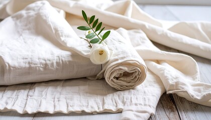 Creamy White Linen Fabric with Delicate White Flower and Green Leaves