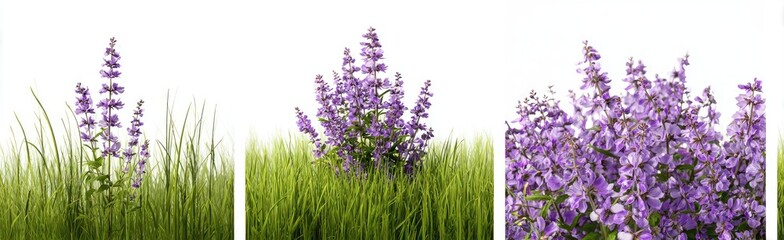 Fototapeta premium Three clusters of vibrant purple flowers, nestled amidst lush green grass, against a pure white backdrop