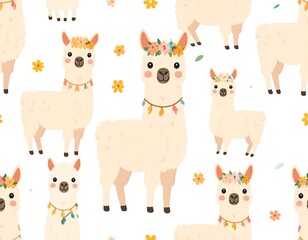 Obraz premium Charming Llama Pattern with Flower Crowns