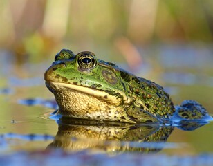 Obraz premium Close-up of a vibrant green frog in its aquatic habitat