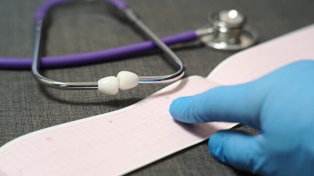 This close-up image shows a stethoscope and a step-by-step decoding of a cardiogram: heart rate, heart rate, number of contractions. Signs of arrhythmia, atrial flutter