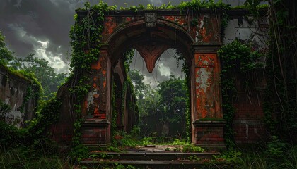 Overgrown ruins under a stormy sky, showing an old archway covered in foliage