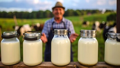 Fresh Farm Milk in Glass Jars, Farmer in Background
