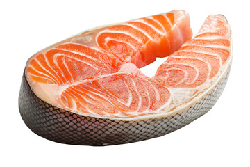 Fresh salmon steak slice isolated on transparent or white background, great for seafood, gourmet meals, healthy diet, cooking recipes, and culinary projects.