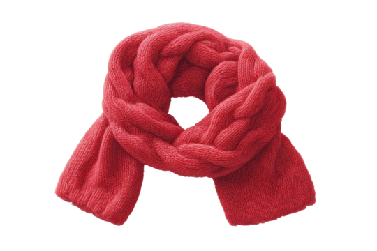 Warm red knitted scarf with braided pattern, cut out