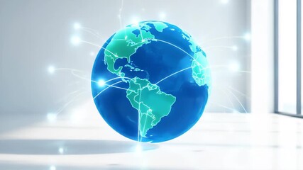 3D rendering animation of a blue and green rotating globe with interconnected glowing points in bright room. Ideal for concepts related to global communication and technology. - Powered by Adobe