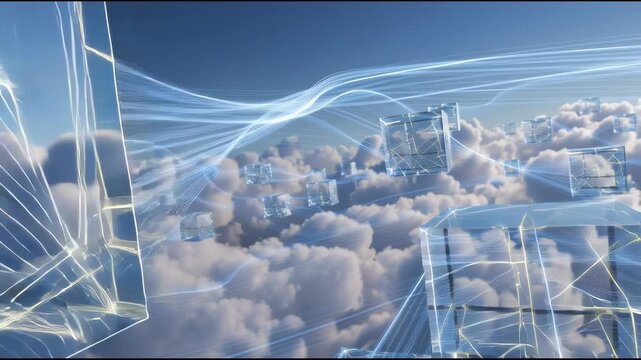 Abstract visualization of cloud computing as floating glass cubes connected by luminous fiber lines in the sky, conceptual IT illustration
