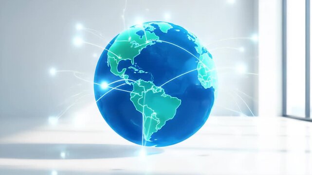 3D rendering animation of a blue and green rotating globe with interconnected glowing points in bright room. Ideal for concepts related to global communication and technology. - Powered by Adobe
