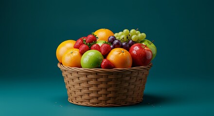 Colorful Fruit Basket With Apples, Oranges, Strawberries On Green Background Fresh Produce Display For Healthful Snack Ideas