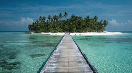 Naklejka premium A serene wooden walkway leads to a tropical island paradise, showcasing vibrant turquoise waters and lush palm trees under a clear azure sky.