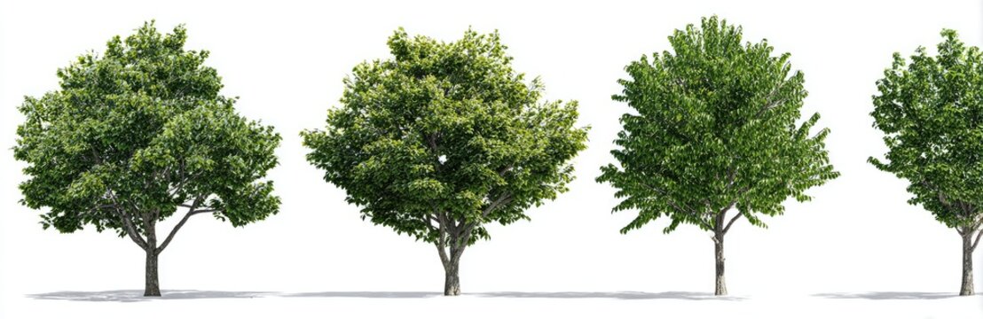 Four green trees against a white background.  Full, lush foliage on each, with visible trunks and shadows beneath.  Symmetrical arrangement.  Isolated for design use