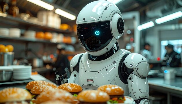 Futuristic robot serving burgers in a modern kitchen