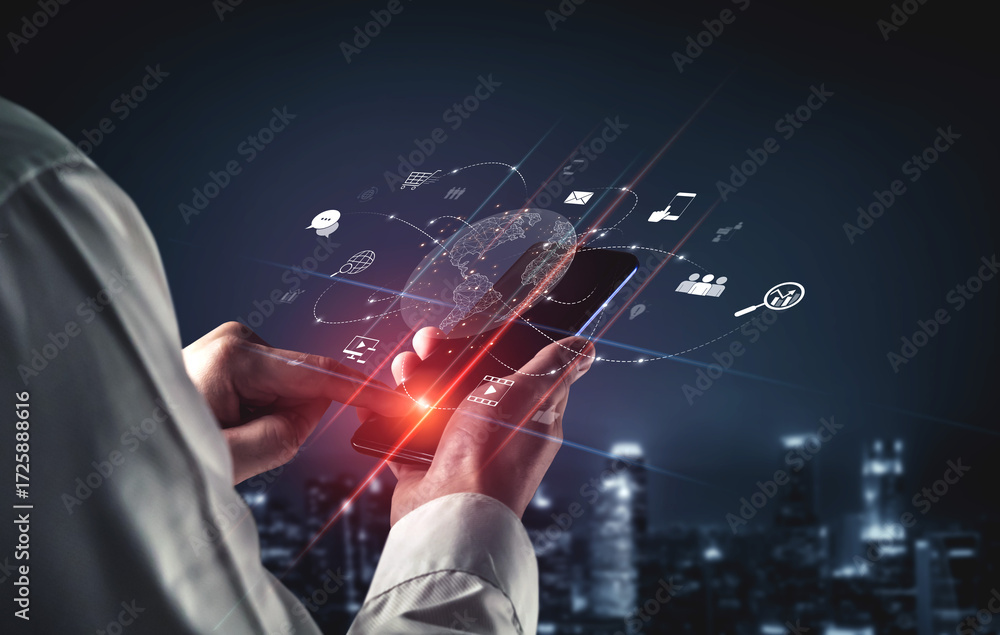 Poster visualization of global digital communication and online across multiple platforms, including global