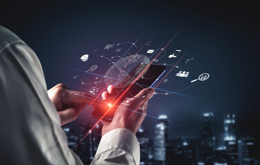 Visualization of global digital communication and online across multiple platforms, including global network, digital network, communication network, and online network. Vouch