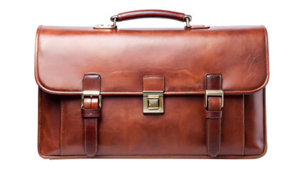 Classic brown leather briefcase isolated on transparent background, ideal for carrying documents and essentials in a professional and stylish manner