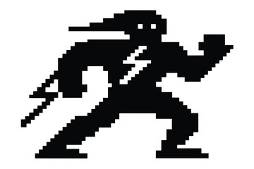 Obraz premium Pixelated ninja warrior runs with sword, showcasing lightning symbol on chest