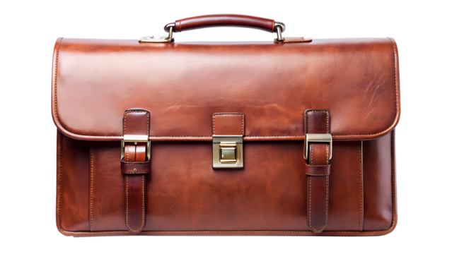 Classic brown leather briefcase isolated on transparent background, ideal for carrying documents and essentials in a professional and stylish manner