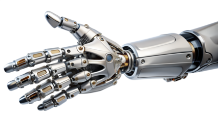 Detailed robotic hand made of metal, isolated on transparent background, futuristic technology, artificial intelligence, and automation concept