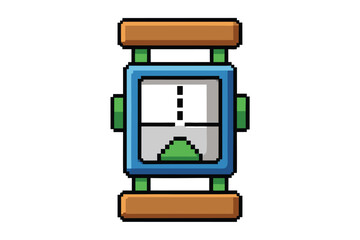 Pixelated retro mantel clock displaying a simple geometric design in black and white
