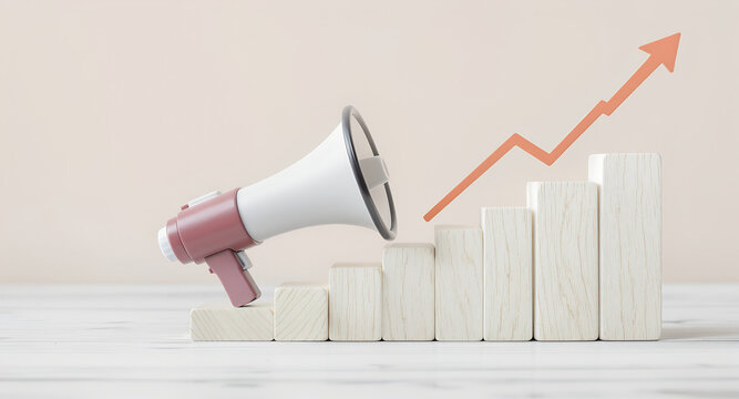 Megaphone on rising bar graph with upward trend arrow symbolizing marketing success and growth