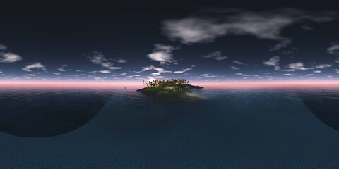 HDRI High resolution map, environment map, Round panorama, spherical panorama, equidistant projection, sea sunset, panoramic, 3D rendering. Sunset over a tropical island 