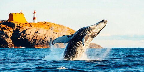 Majestic Humpback Whale Breaching; Dramatic Ocean Scene with Coastal Lighthouse; Vibrant Sunset Hues; Breathtaking Wildlife Photography; Powerful Nature Image.