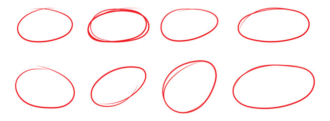 Set of hand drawn doodle red marker round frames. Red pen drawn marks, red circle set, highlight circle. Hand drawn marker doodle line stroke. Handwritten highlight red scribble circle.