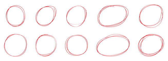 Set of hand drawn doodle red marker round frames. Red pen drawn marks, red circle set, highlight circle. Hand drawn marker doodle line stroke. Handwritten highlight red scribble circle.