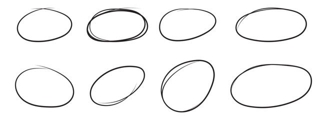 Red circle, pen draw. Highlight hand drawing different circles isolated on background. Bright red scribble ovals and bubbles to circle and highlight text. EPS 10