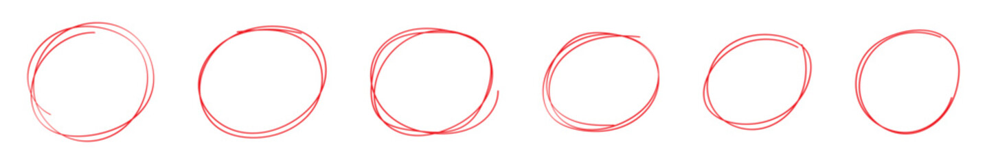 Red circle, pen draw. Highlight hand drawing different circles isolated on background. Bright red scribble ovals and bubbles to circle and highlight text. EPS 10