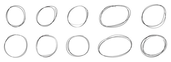 Red circle, pen draw. Highlight hand drawing different circles isolated on background. Bright red scribble ovals and bubbles to circle and highlight text. EPS 10
