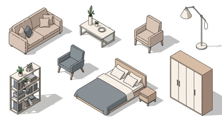 Isometric illustration of various furniture pieces for a living room and bedroom.