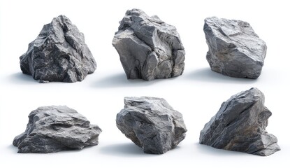 Collection of various grey rocks on white background