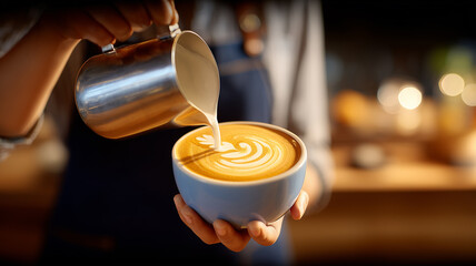 Barista pouring milk to craft latte art expressing hospitality expertise and the concept of artisanal coffee culture and customer experience.

