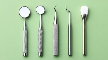 Fototapeta premium Set of professional dental tools on green surface