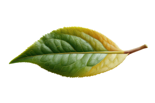 Close-up gradient green to yellow leaf with detailed texture on black background, cut out