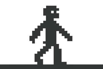 Fototapeta premium Pixelated silhouette of a person walking slowly on a ground, displayed in a retro style
