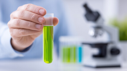 Scientist holding a test tube in front of a microscope to illustrate laboratory research quality control and scientific validation.
