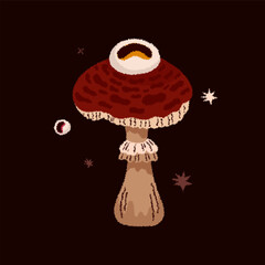 Magic mushroom with eye. Psychedelic hallucinations. Mysterious autumn witchy forest. Vector illustration.