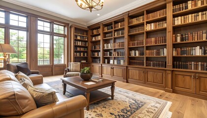 Luxurious library-living room with wooden bookshelves and leather furniture